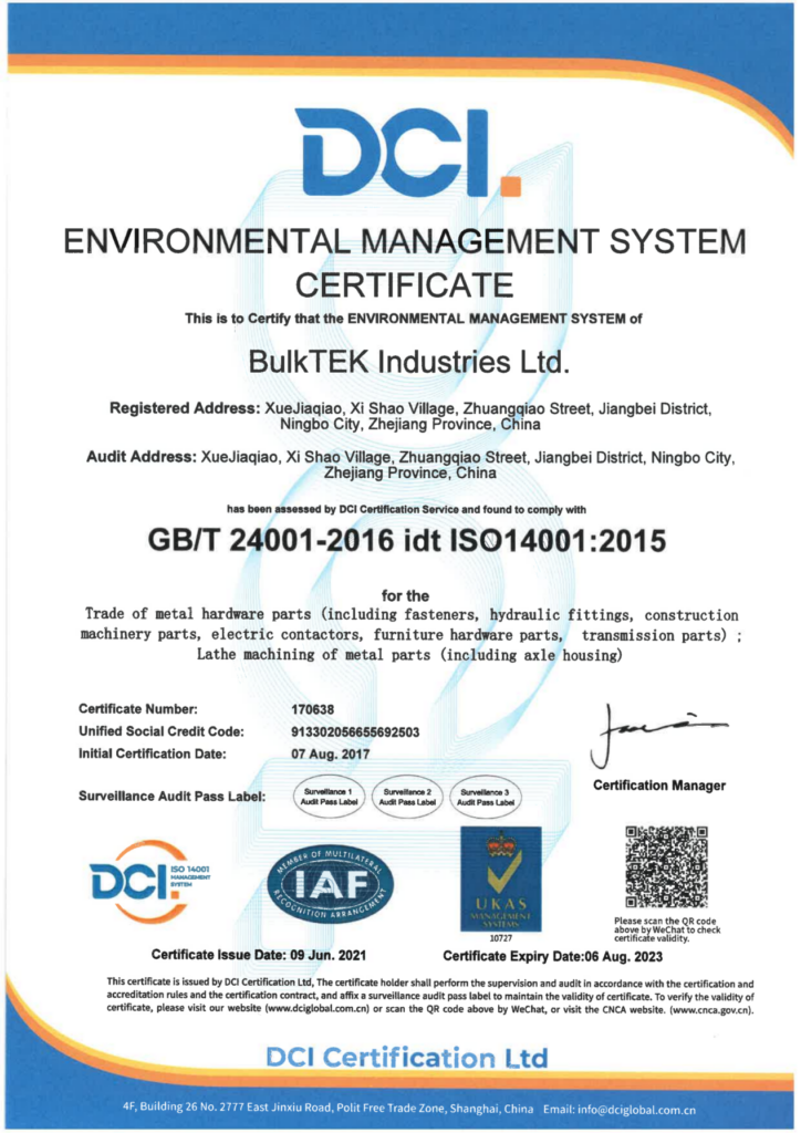 In May 2017, BulkTEK passed the ISO14001 environmental certification.